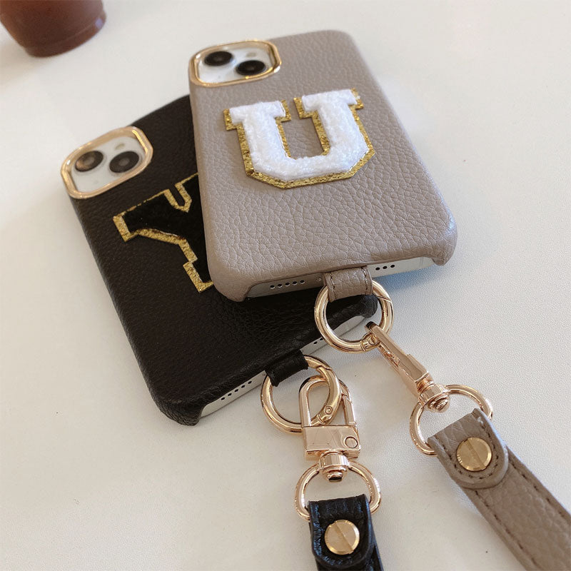 Litchi Pattern Personalized Letter Strap Phone Case
