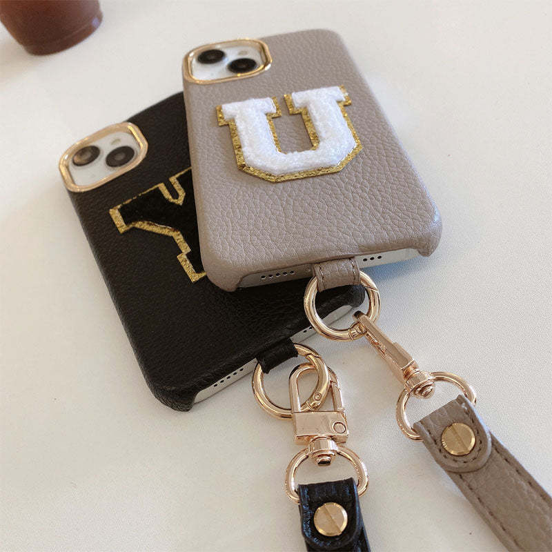 Litchi Pattern Personalized Letter Strap Phone Case