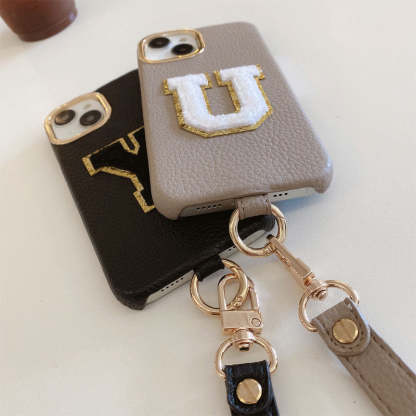 Litchi Pattern Personalized Letter Strap Phone Case