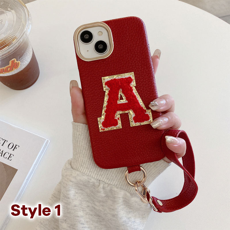 Litchi Pattern Personalized Letter Strap Phone Case