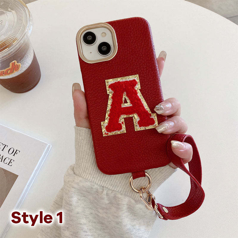 Litchi Pattern Personalized Letter Strap Phone Case