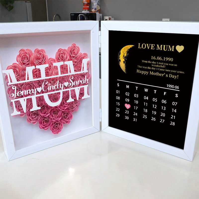 (Mum&Grandmum With Name) With REAL MOON PHASE Anniversary Calendar Custom flower frame