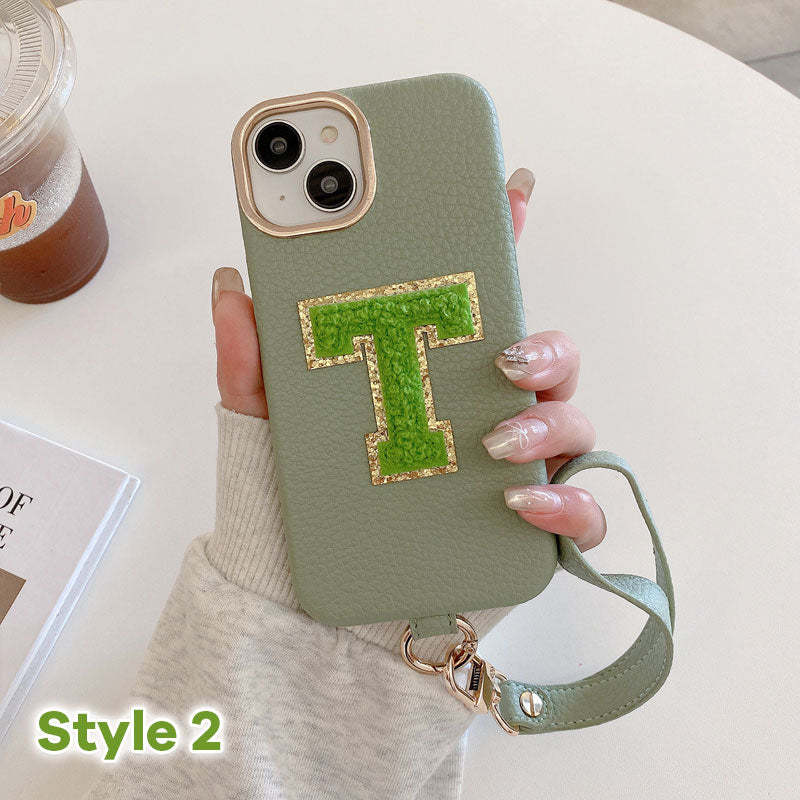 Litchi Pattern Personalized Letter Strap Phone Case