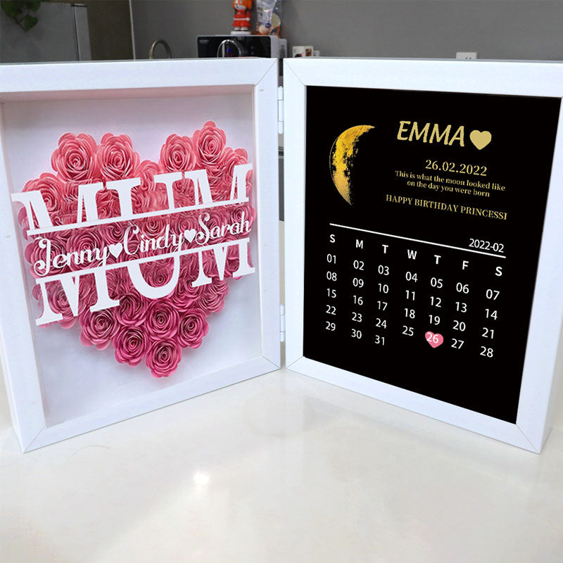 (Mum&Grandmum With Name) With REAL MOON PHASE Anniversary Calendar Custom flower frame