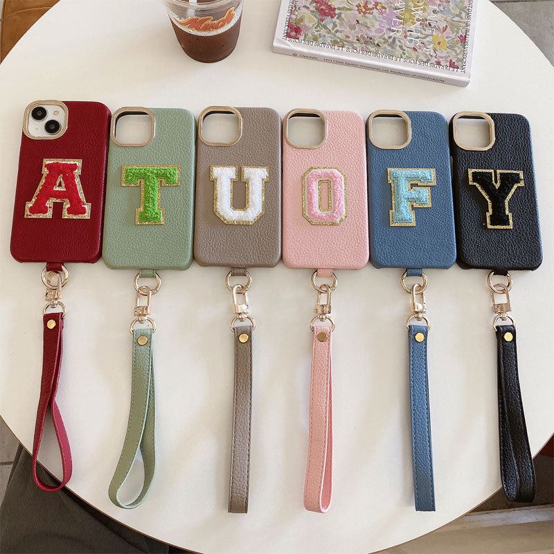 Litchi Pattern Personalized Letter Strap Phone Case