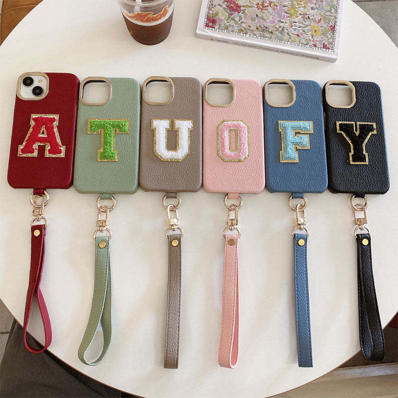 Litchi Pattern Personalized Letter Strap Phone Case