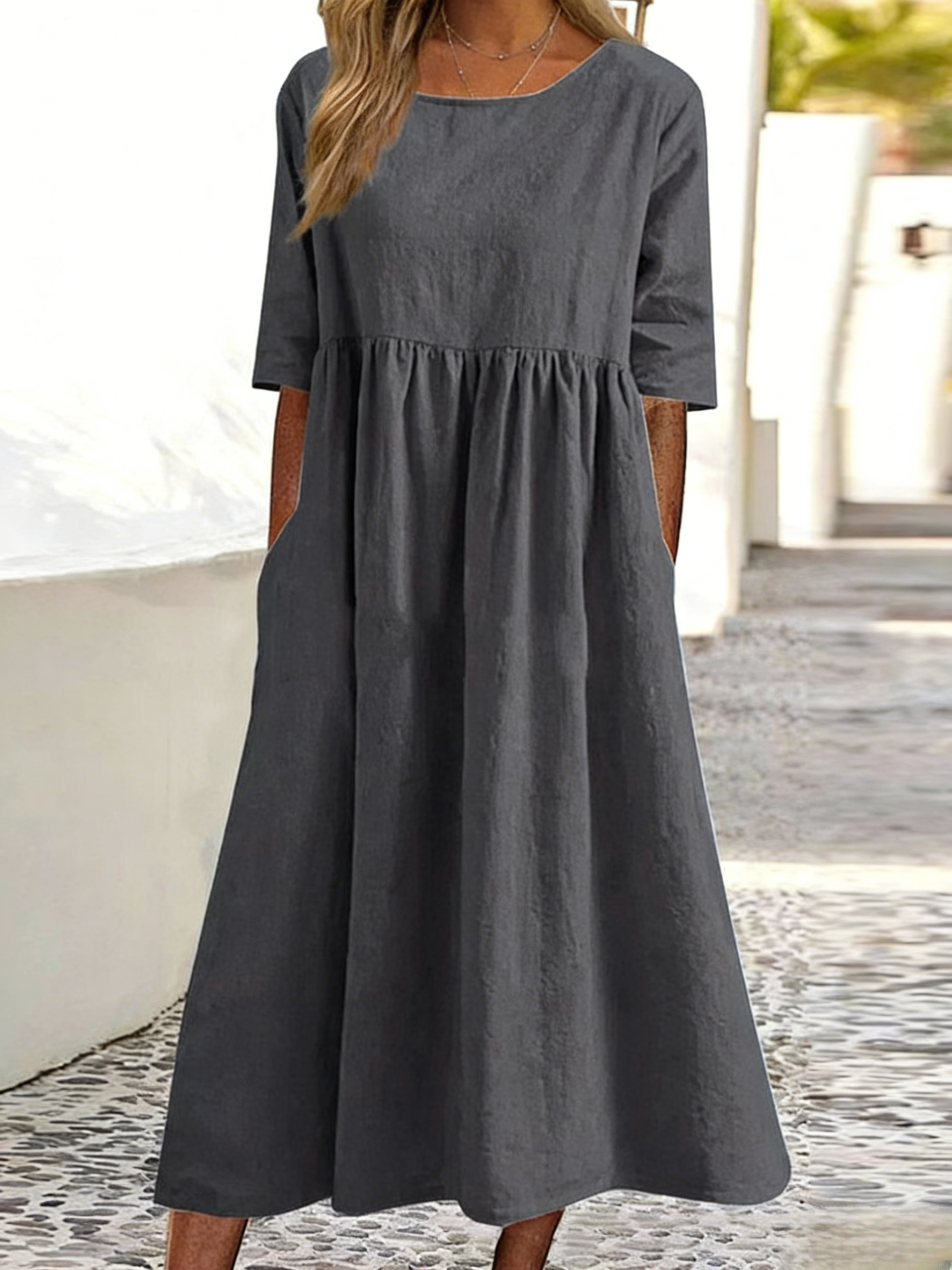2026 spring and summer new round neck 5-quarter sleeve large size loose long cotton and linen dress 