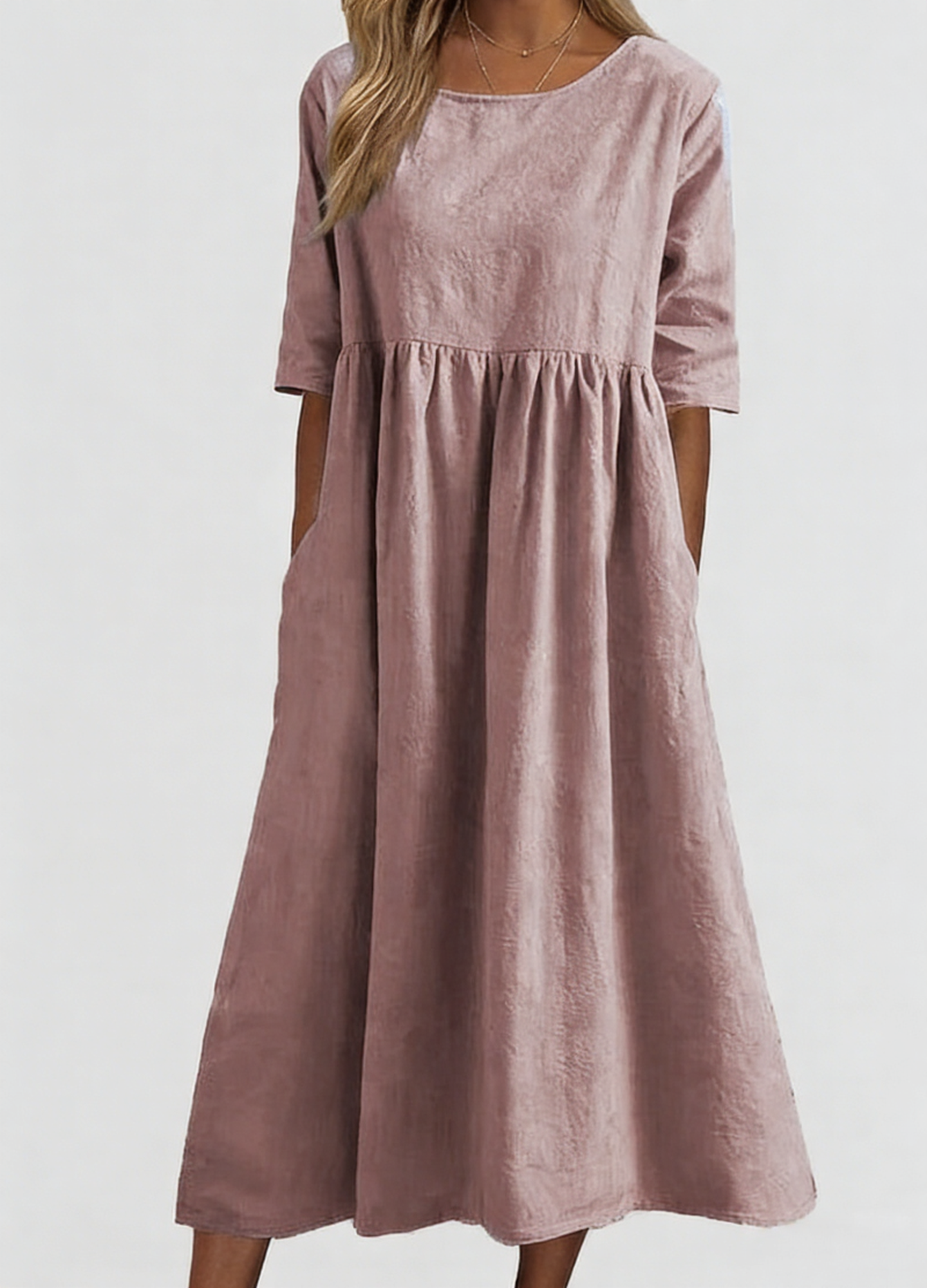 2026 spring and summer new round neck 5-quarter sleeve large size loose long cotton and linen dress 