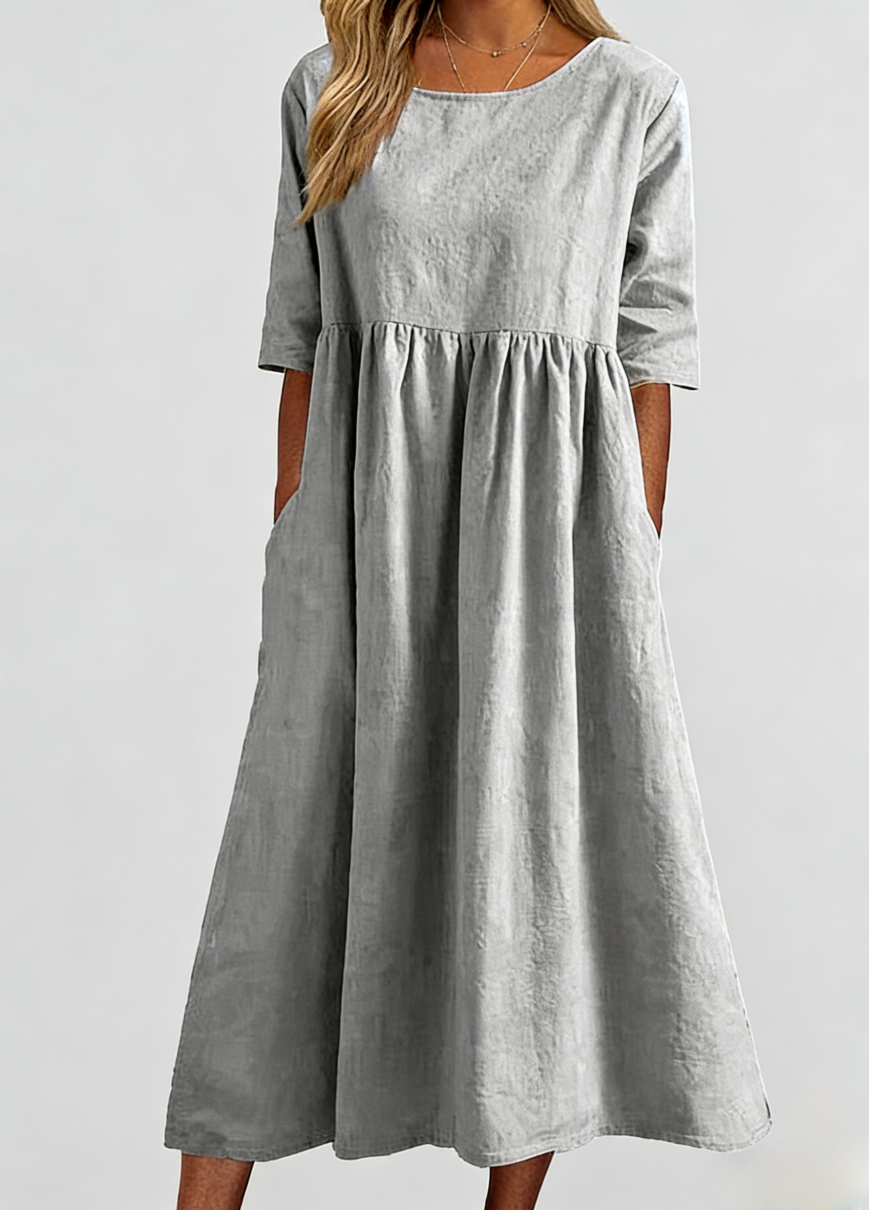 2026 spring and summer new round neck 5-quarter sleeve large size loose long cotton and linen dress 