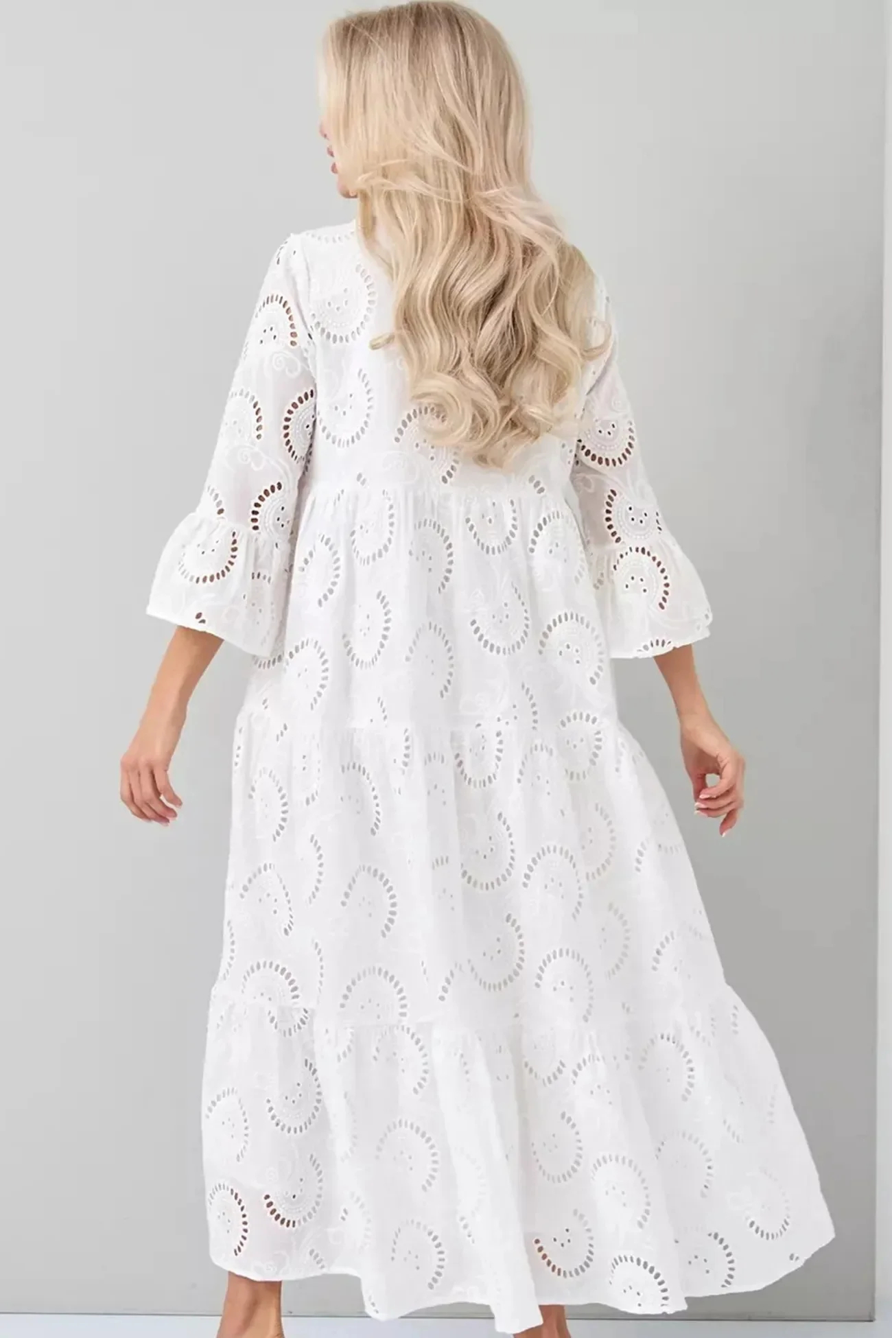 V Neck Flares Sleeve Embroidery Cotton Dress