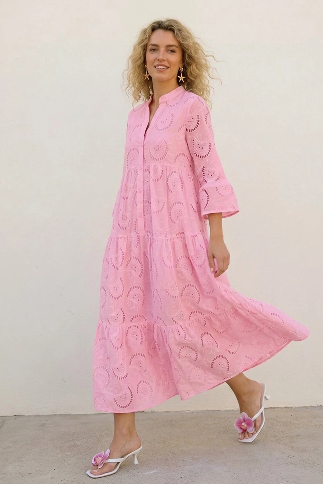 V Neck Flares Sleeve Embroidery Cotton Dress