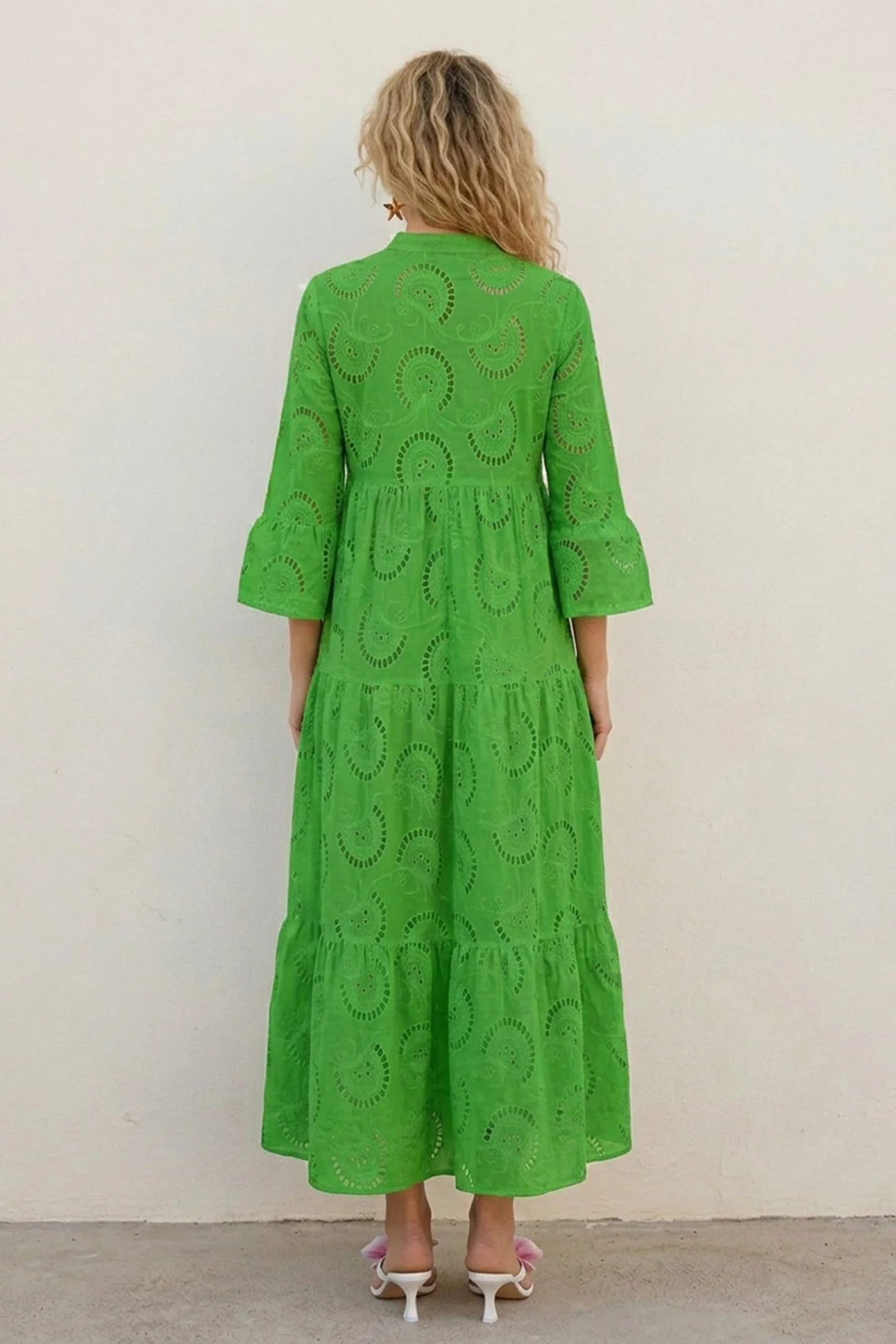 V Neck Flares Sleeve Embroidery Cotton Dress