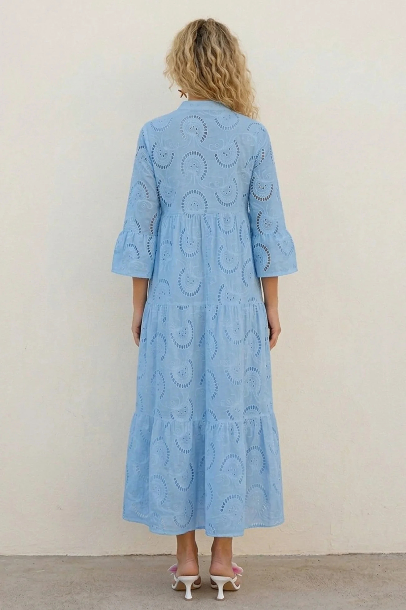 V Neck Flares Sleeve Embroidery Cotton Dress