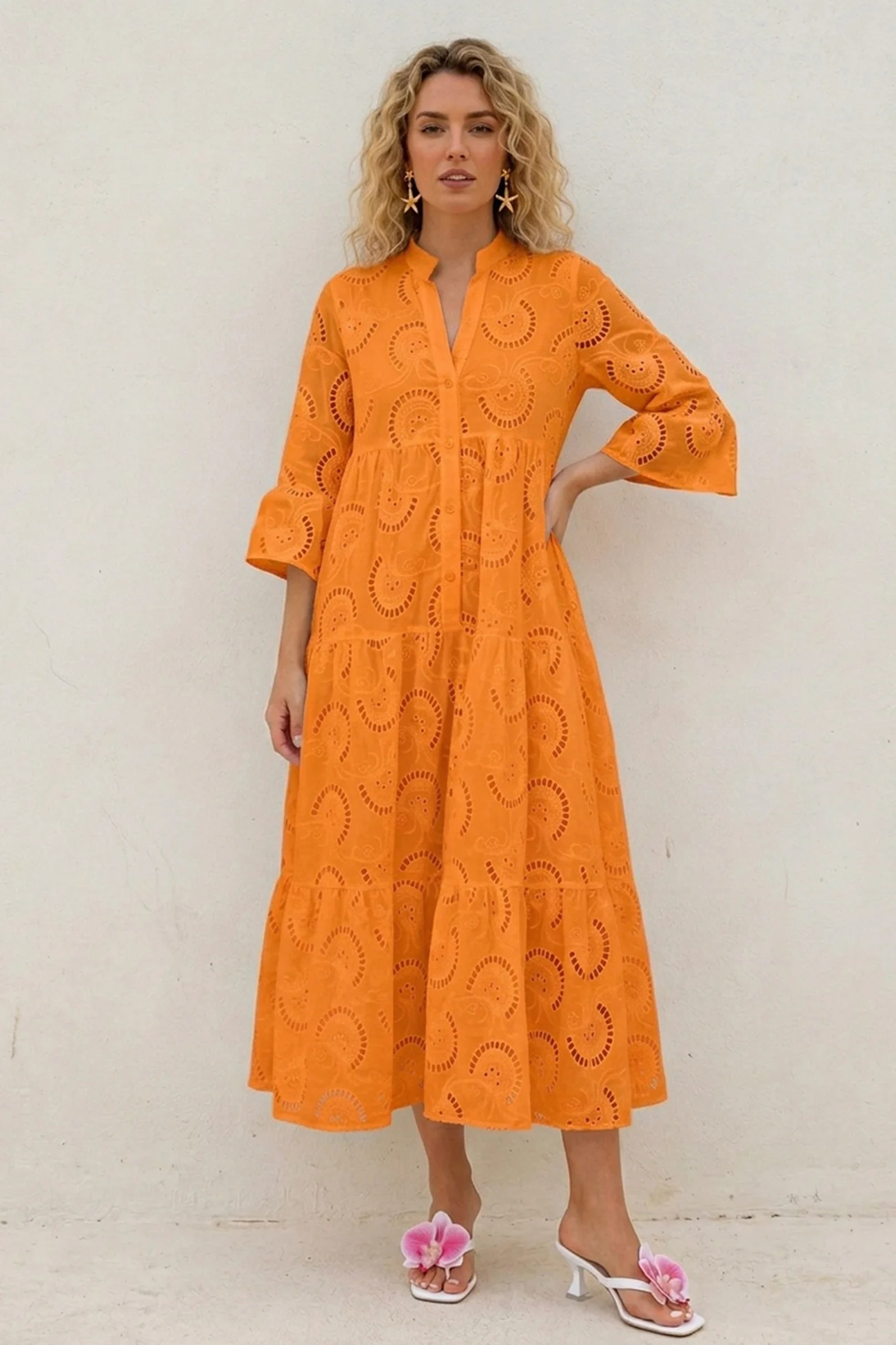 V Neck Flares Sleeve Embroidery Cotton Dress