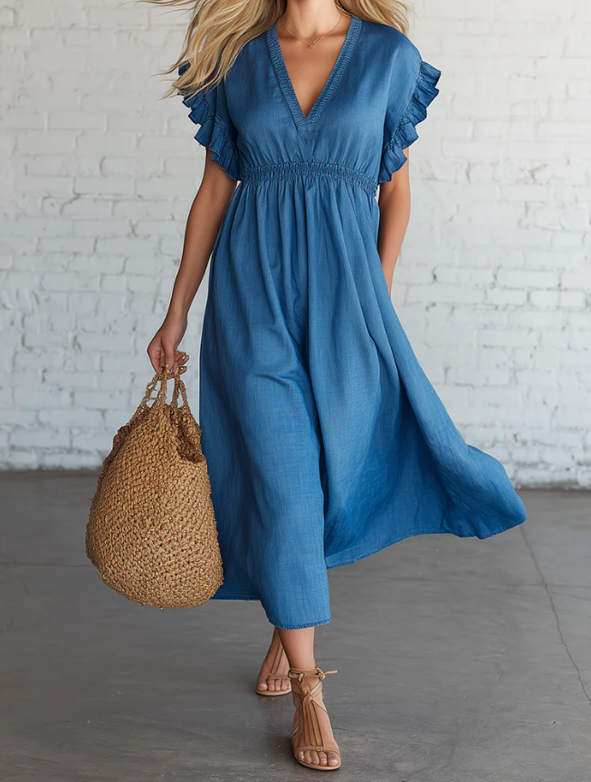 Retro🔥 Style Light Luxury Cotton And Linen V Neck Ruffle Midi Dress
