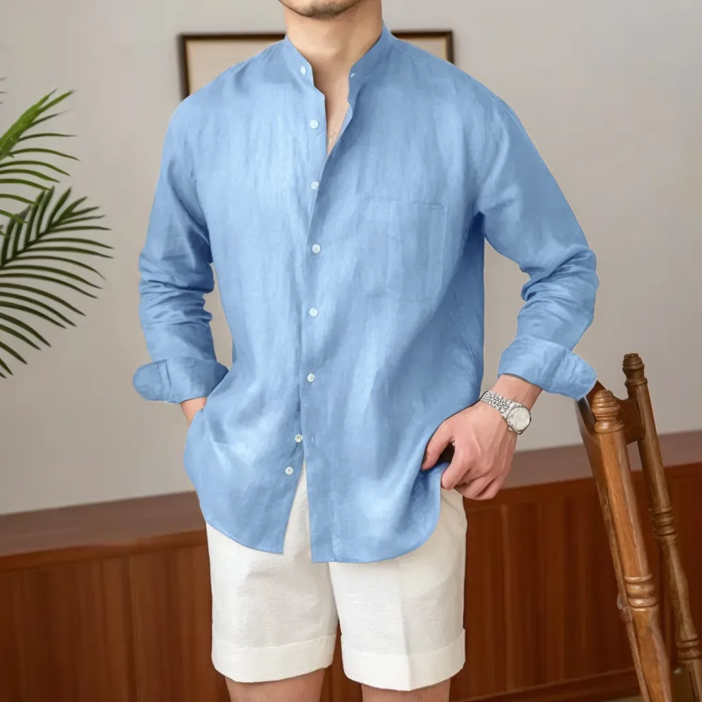 Casual Linen long-sleeved shirt versatile holiday stand-up collar shirt Henry Collar Top