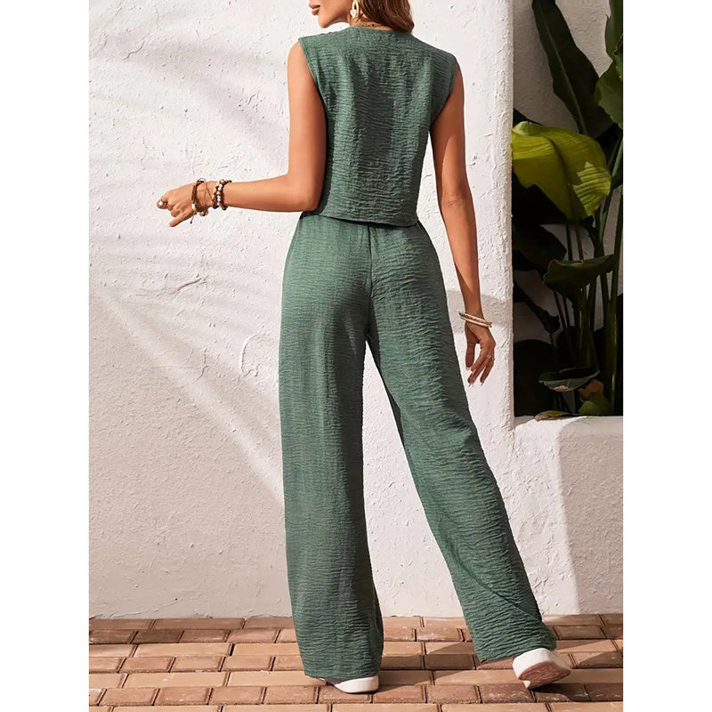 Womens Two Piece Outfits Summer Fashion Button V Neck Crop Vest Blazer And Wide Leg Pants Suit Matching Sets