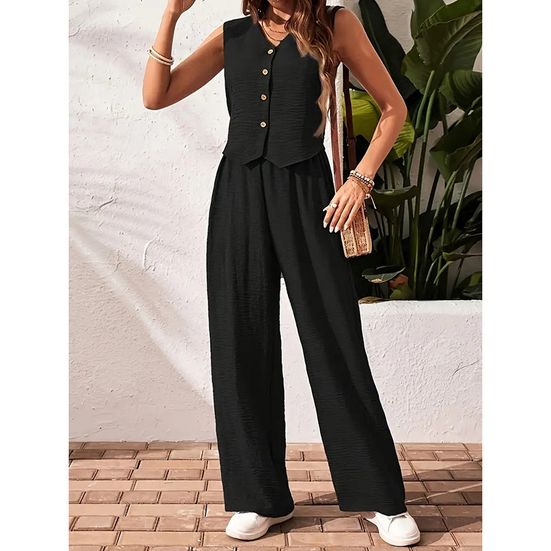 Womens Two Piece Outfits Summer Fashion Button V Neck Crop Vest Blazer And Wide Leg Pants Suit Matching Sets
