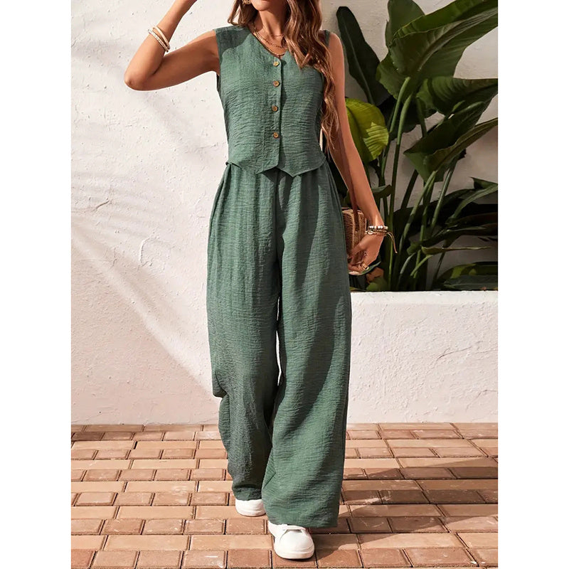 Womens Two Piece Outfits Summer Fashion Button V Neck Crop Vest Blazer And Wide Leg Pants Suit Matching Sets