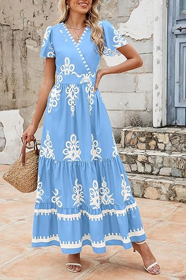 PRETTYGARDEN Womens 2026 Summer Casual V Neck Boho Maxi Dress Flowy Aline Bell Sleeve Tiered Floral Dresses with Pocket