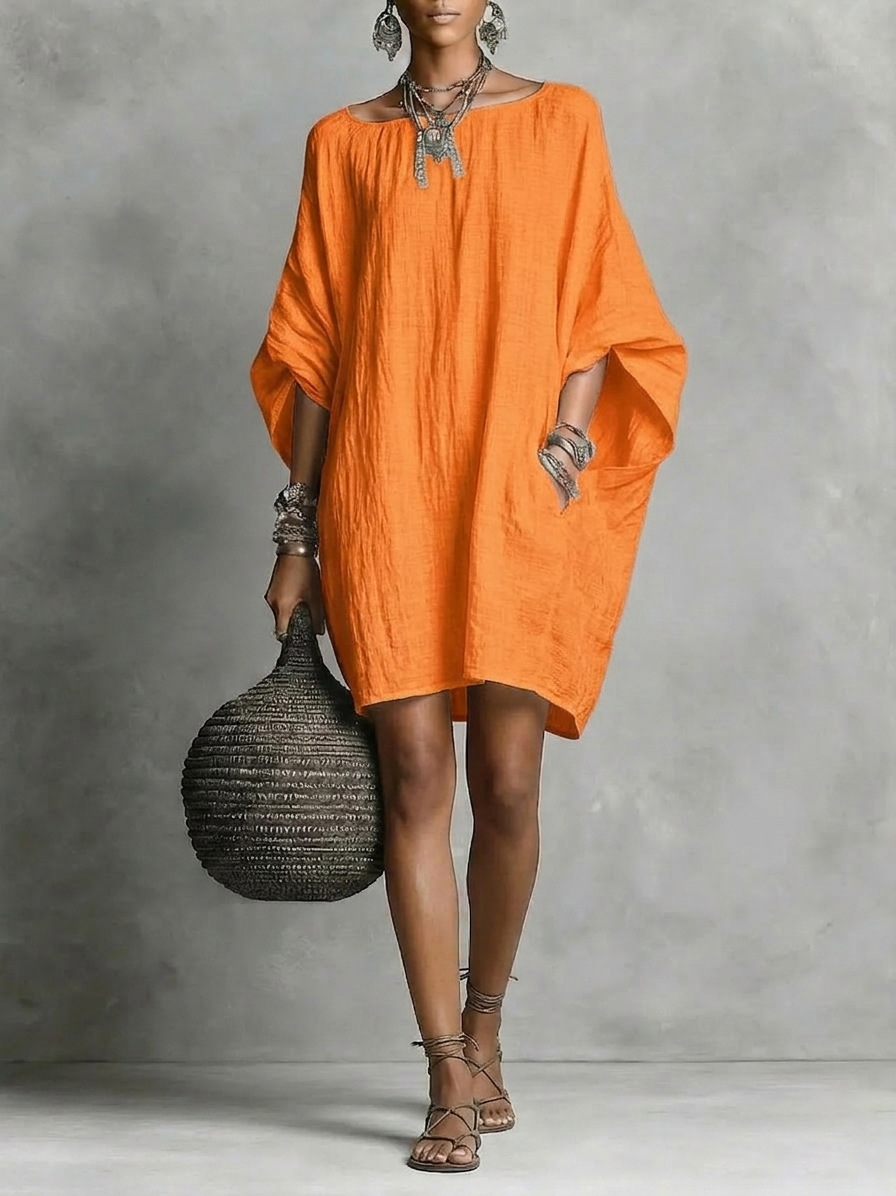 Retro casual cotton and linen off-shoulder dress