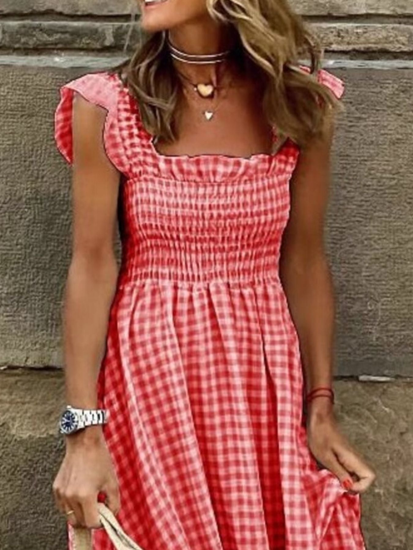 Plaid Ruffle Sleeve Maxi Dress