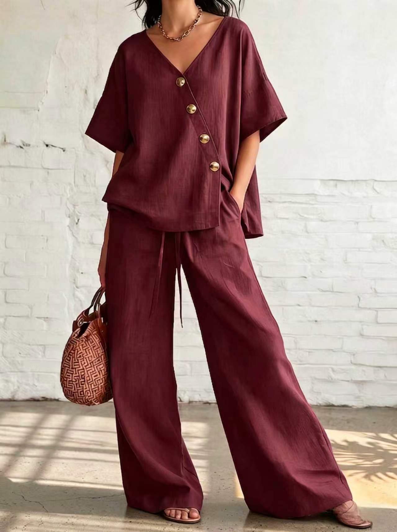 V-neck button-down top and drawstring wide-leg pants set