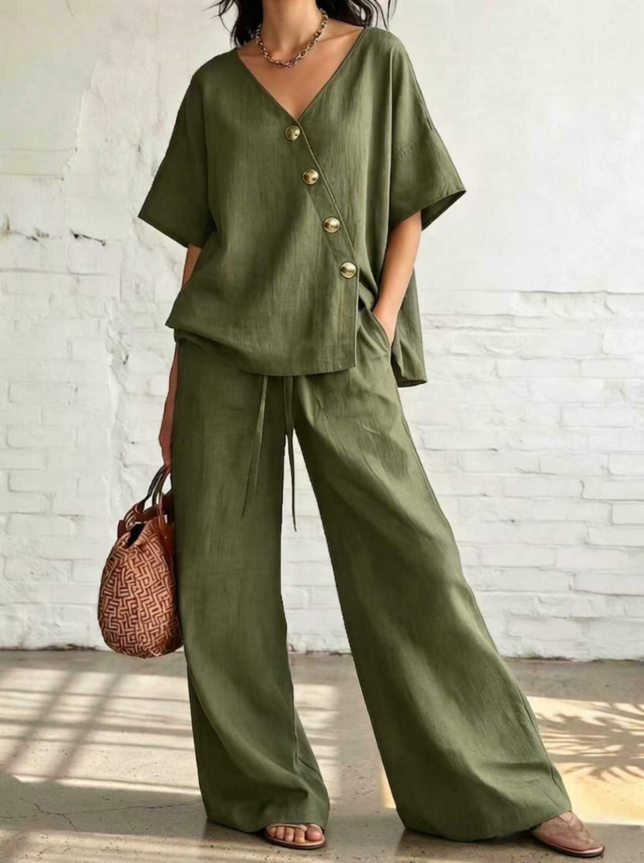 V-neck button-down top and drawstring wide-leg pants set