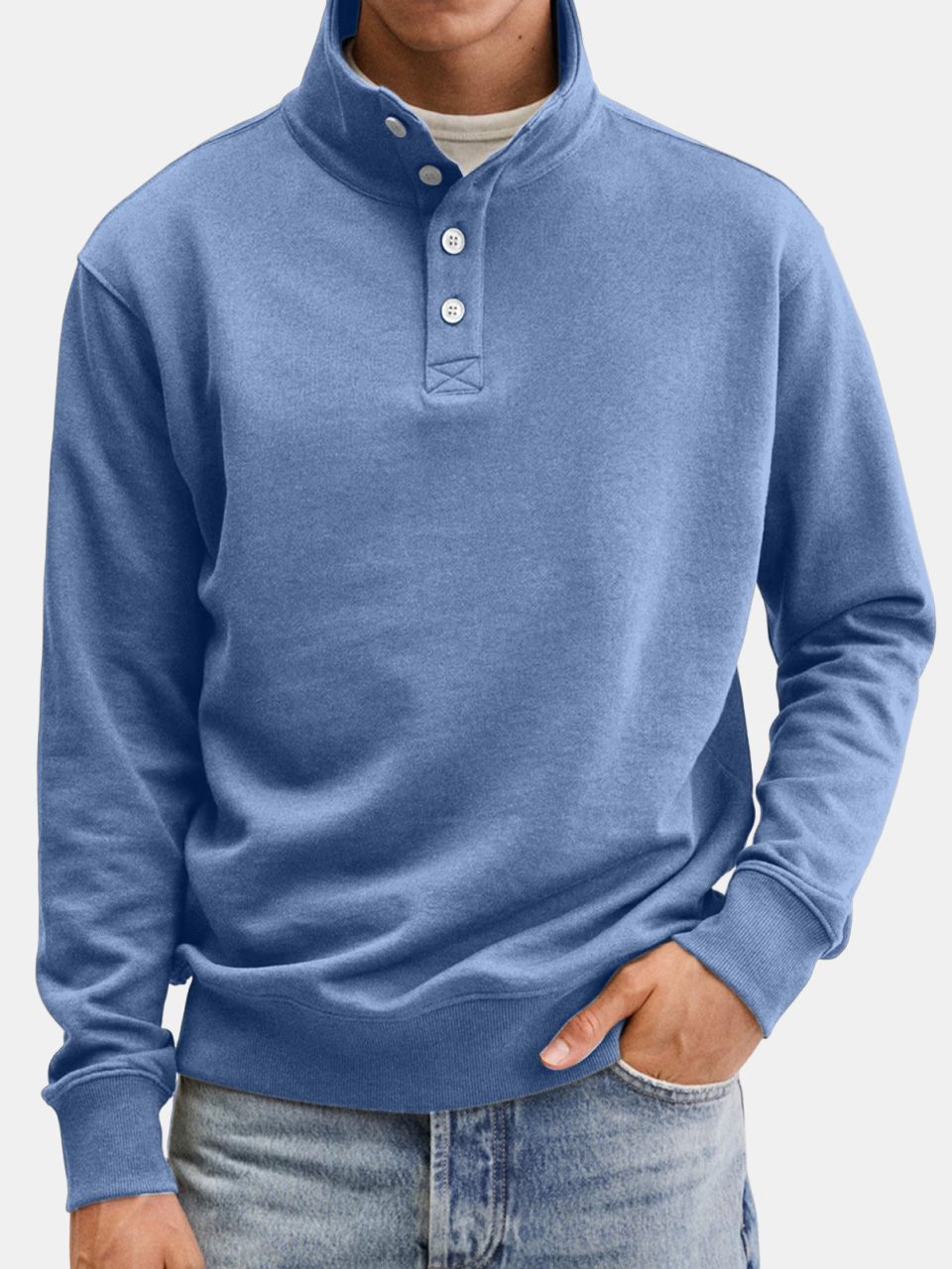 Men's Casual Solid Color Stand Collar Button Sweatshirt