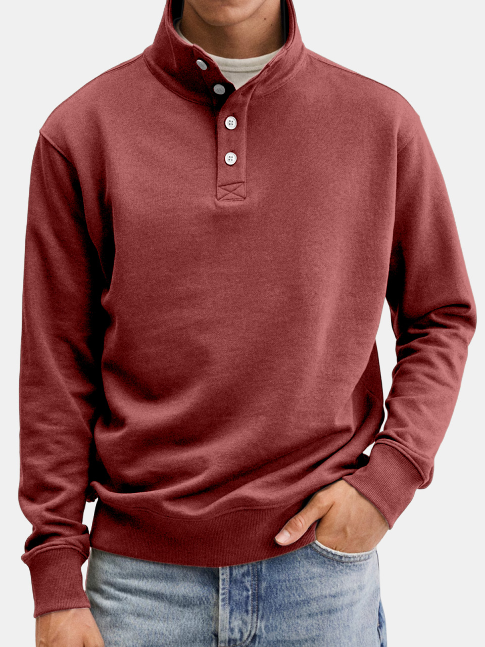 Men's Casual Solid Color Stand Collar Button Sweatshirt