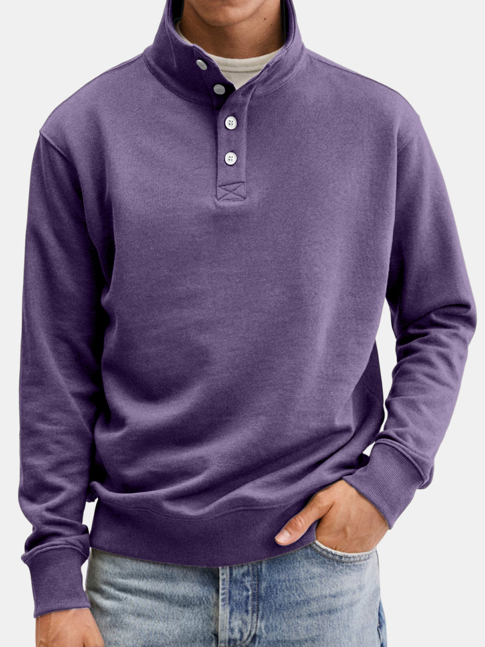 Men's Casual Solid Color Stand Collar Button Sweatshirt