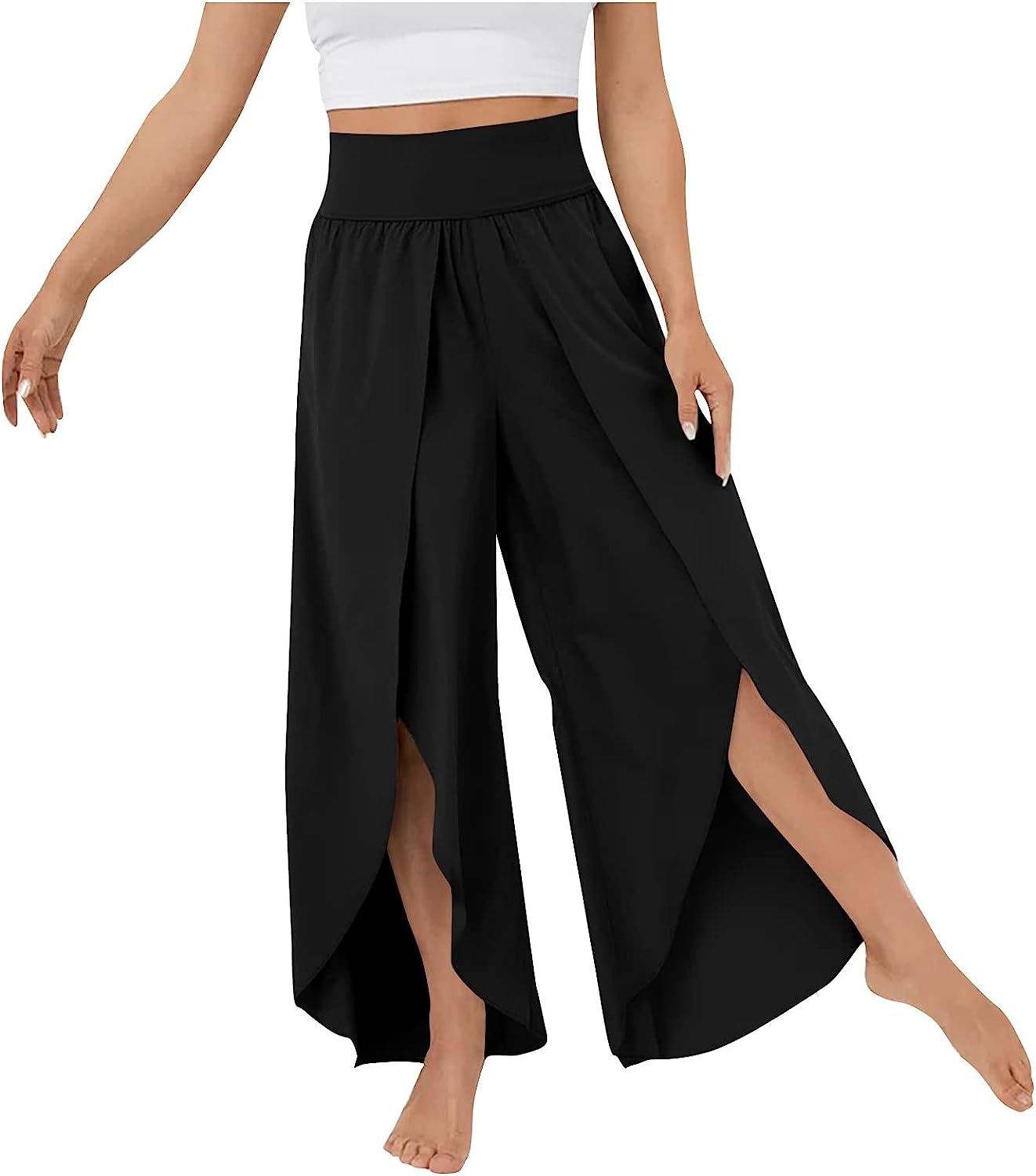 Lady Womens Capris for Summ High Waisted Pants Solid Color Wide Leg Pants Party Cover Up Pants for Swimwear Pants