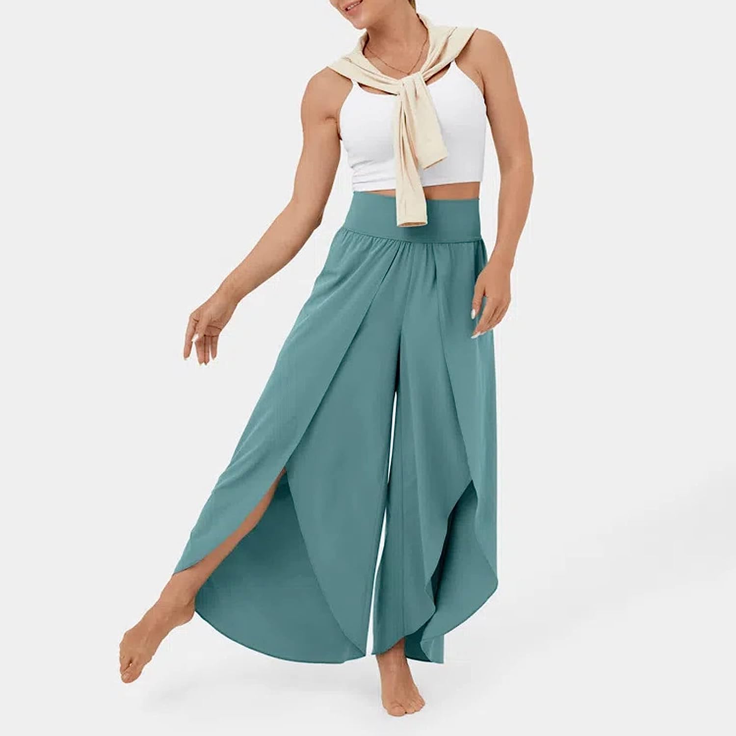 Lady Womens Capris for Summ High Waisted Pants Solid Color Wide Leg Pants Party Cover Up Pants for Swimwear Pants