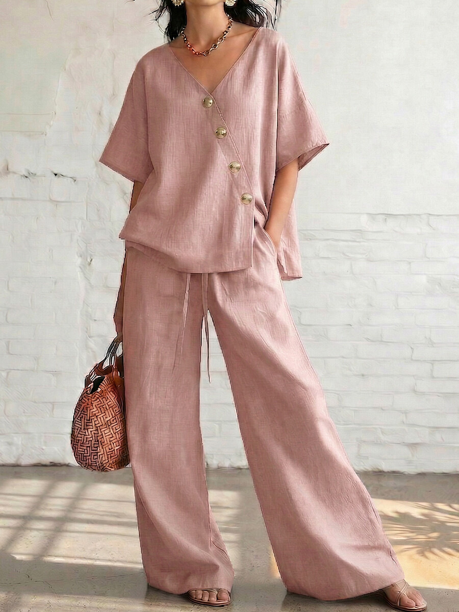 V-neck button-down top and drawstring wide-leg pants set
