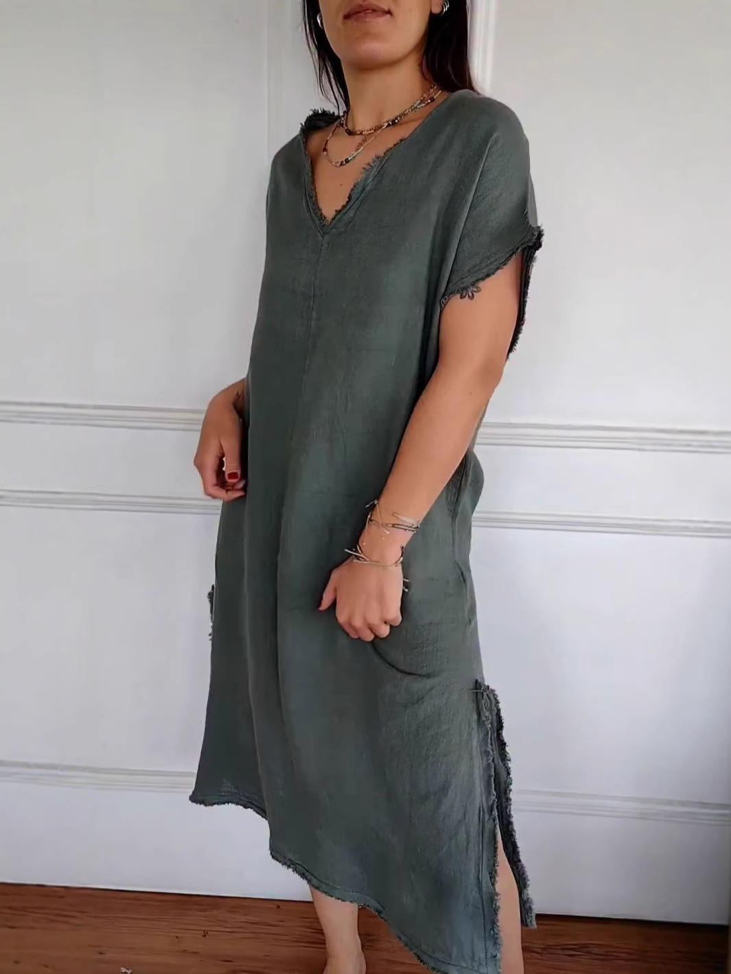 🔥NEW IN🔥V-Neck Linen Loose Casual Dress