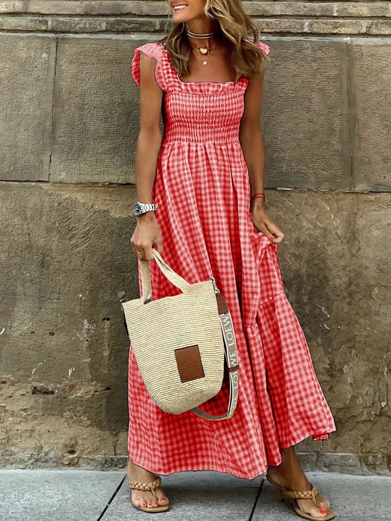 Plaid Ruffle Sleeve Maxi Dress