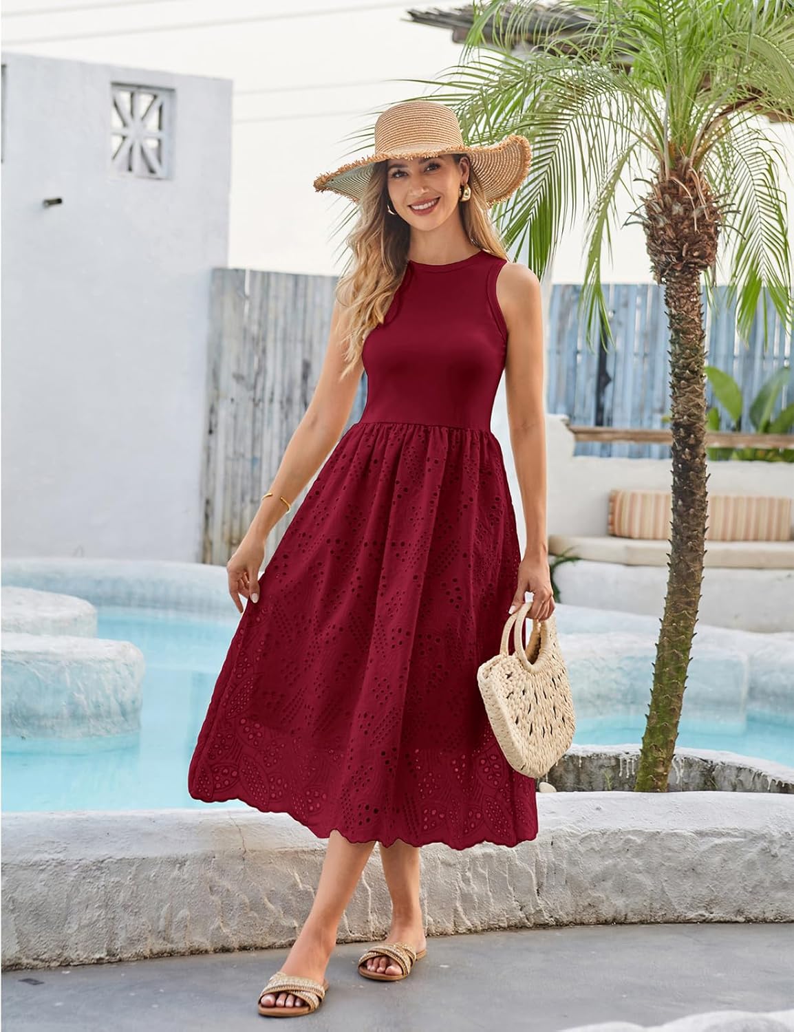 GRACE KARIN Women's Summer Sleeveless Tank Dress A Line Midi Dress Eyelet Crewneck Casual Holiday Dress with Pockets