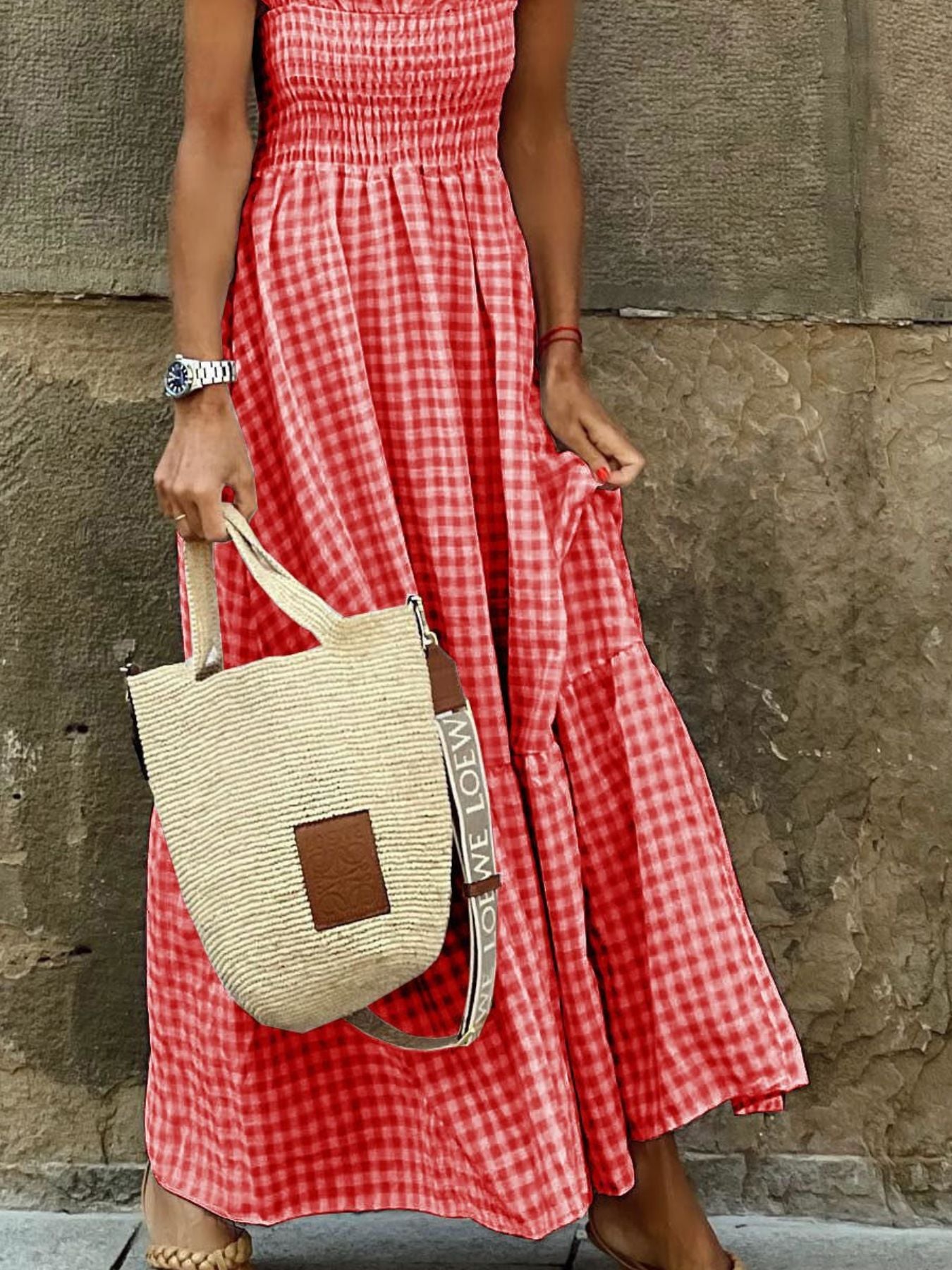 Plaid Ruffle Sleeve Maxi Dress