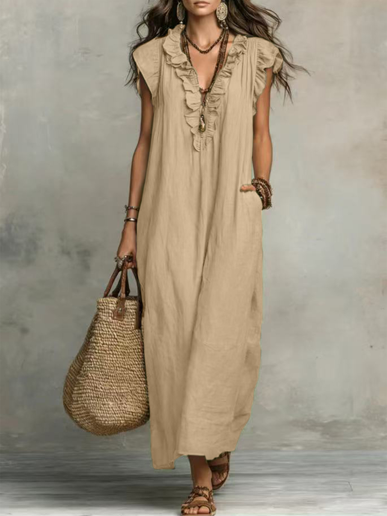 Bohemian Ruffle Linen-Cotton Maxi Dress