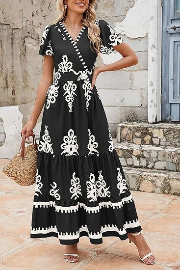 PRETTYGARDEN Womens 2026 Summer Casual V Neck Boho Maxi Dress Flowy Aline Bell Sleeve Tiered Floral Dresses with Pocket