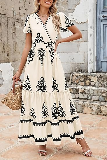 PRETTYGARDEN Womens 2026 Summer Casual V Neck Boho Maxi Dress Flowy Aline Bell Sleeve Tiered Floral Dresses with Pocket
