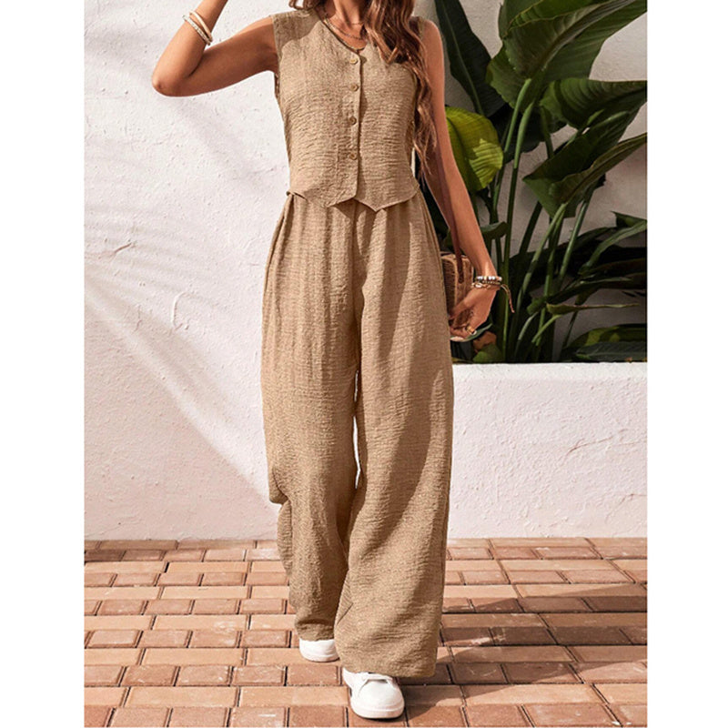 Womens Two Piece Outfits Summer Fashion Button V Neck Crop Vest Blazer And Wide Leg Pants Suit Matching Sets