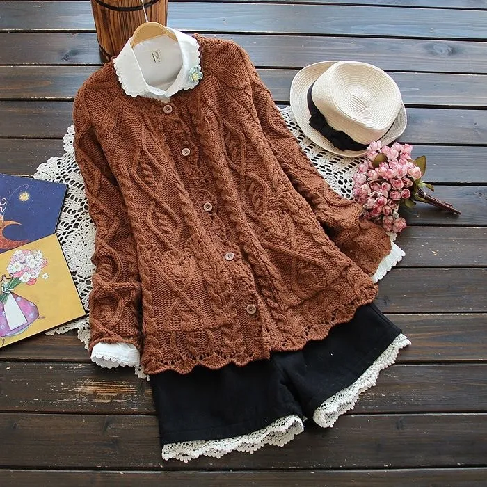 Vintage Jacquard Weave Pocket Button Comfy Sweater