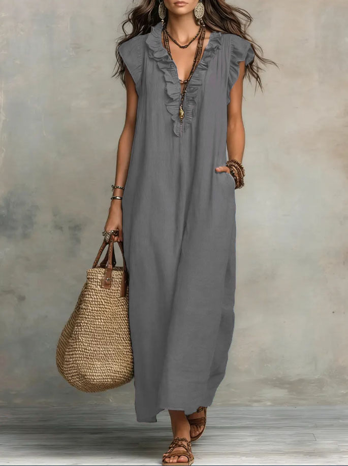 Bohemian Ruffle Linen-Cotton Maxi Dress