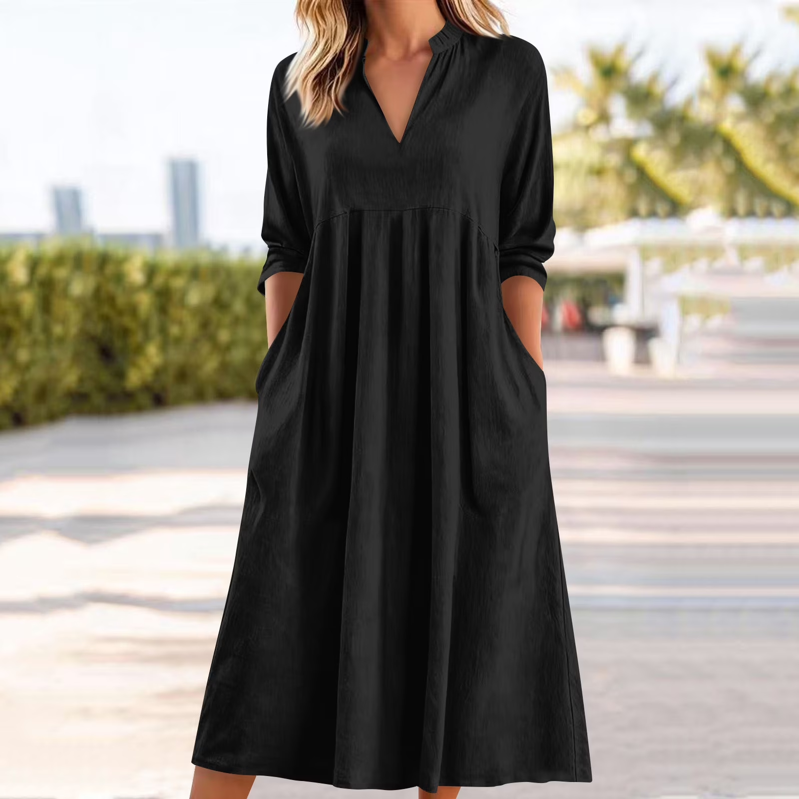 V-Neck Pocketed Slimming A-Line Dress