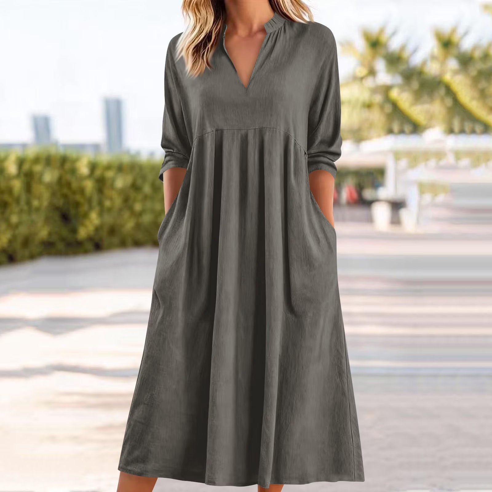 V-Neck Pocketed Slimming A-Line Dress