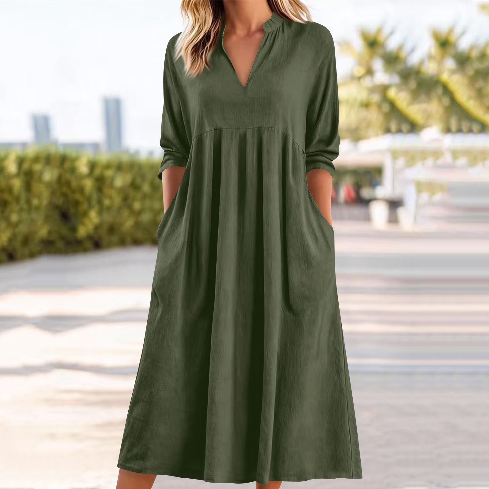 V-Neck Pocketed Slimming A-Line Dress