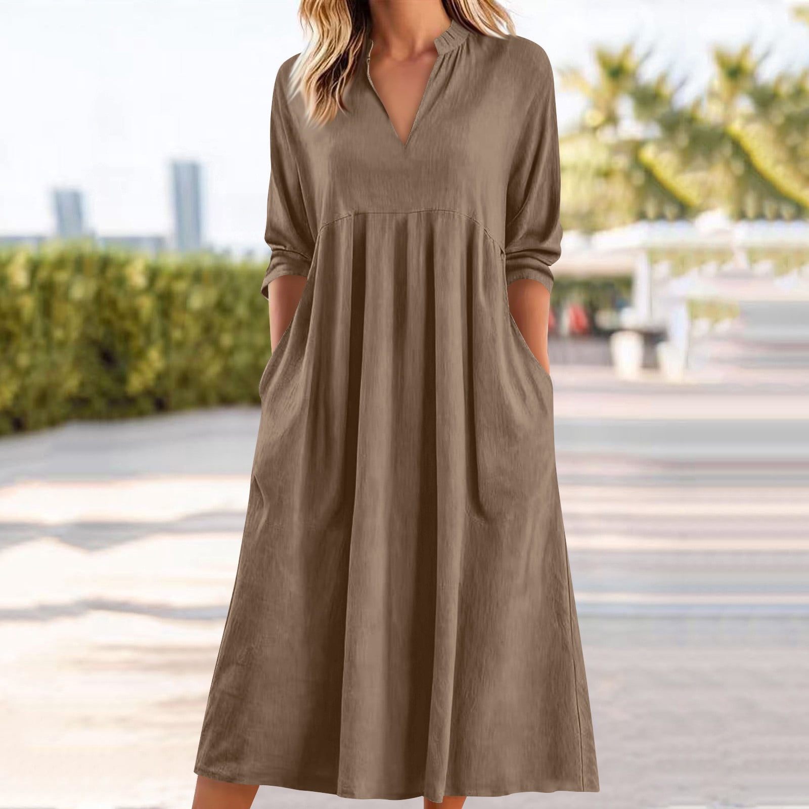 V-Neck Pocketed Slimming A-Line Dress