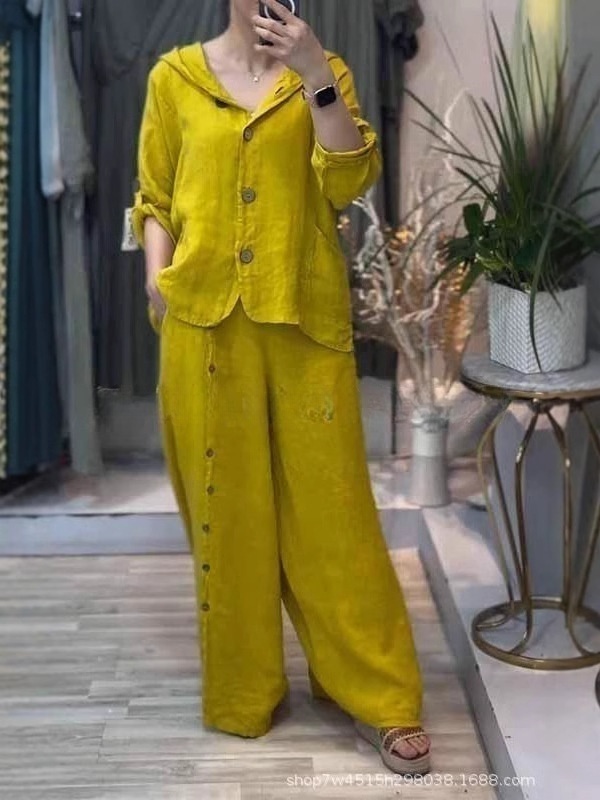 Women's Cotton & linen casual Buttoned suit pants with pocket