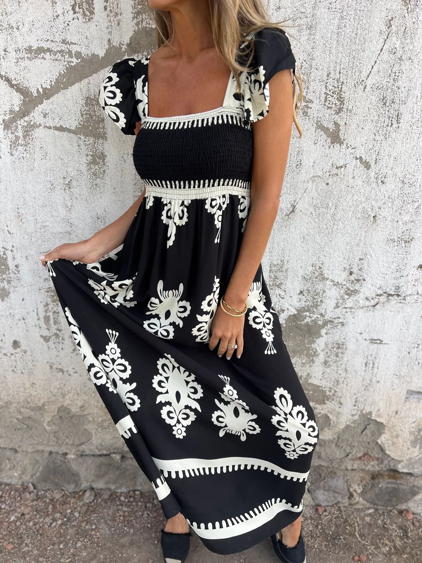 V-Neck Print Maxi Dress With Pockets